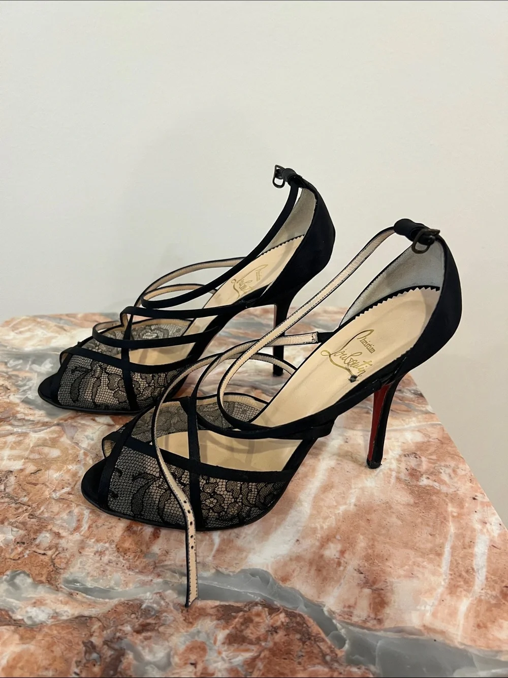 Christian Louboutin Black Lace Strappy Stiletto Sandals